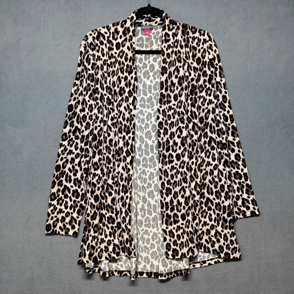 Vince Camuto Leopard Print Open Front Cardigan L Brown Black Longline Mob Wife